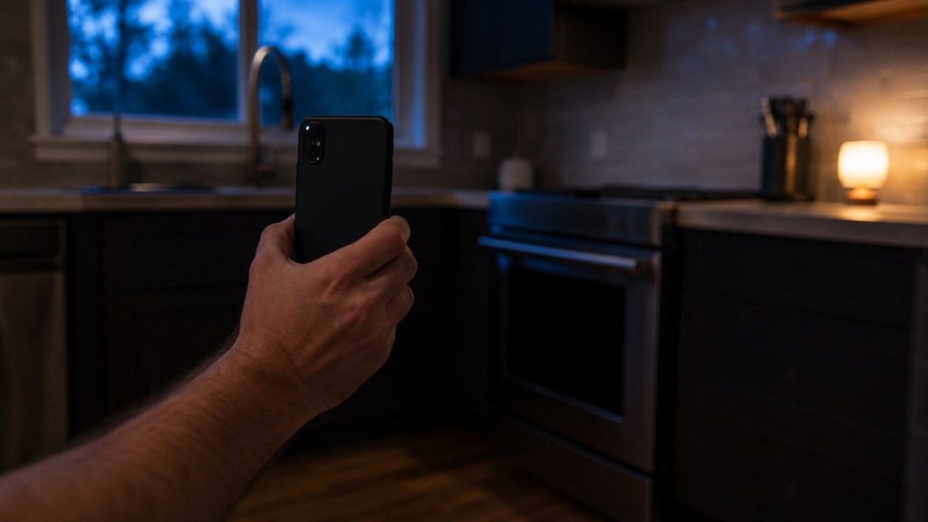 A hand holding a phone up to photograph the front of an appliance in a dark kitchen, seen from behind and to the side so neither the phone screen nor the appliance panel is legible.