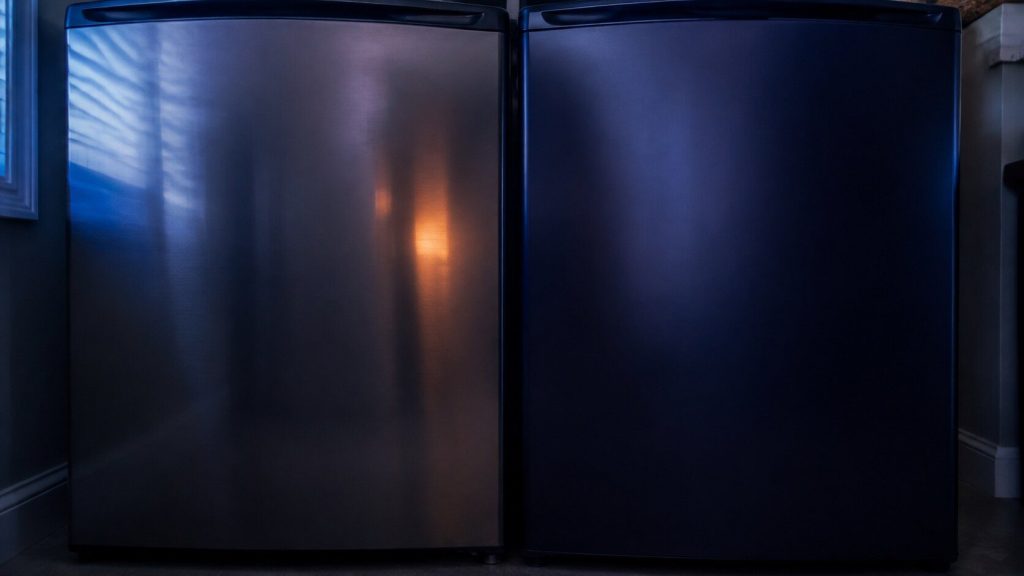Two appliance fronts standing side by side in a dim laundry room, shot straight on and close so the frame is filled by the two flat surfaces and the seam between them.