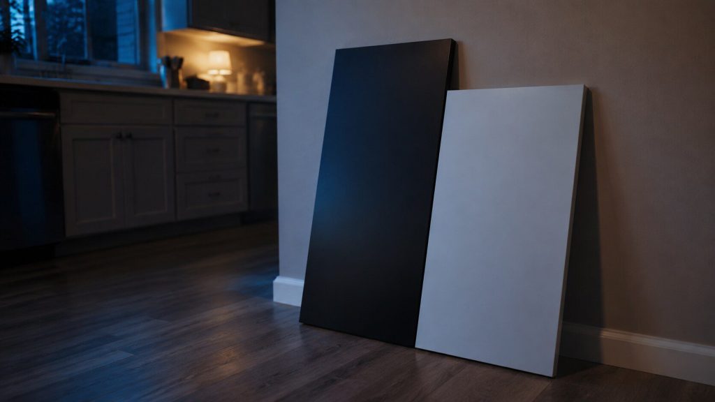 Two flat refrigerator door panels in different finishes leaning against a kitchen wall, one matte black steel and one pale, seen at an angle in evening light.