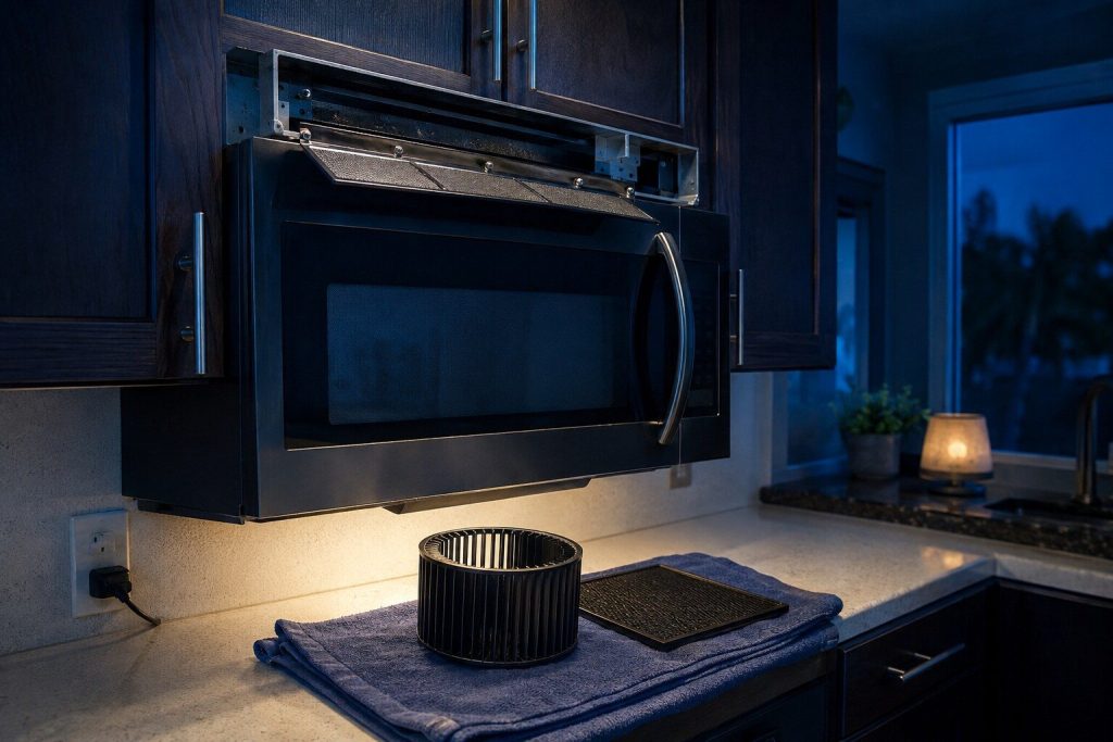 A squirrel cage blower wheel and a rectangular charcoal filter lying on a folded cloth beneath an over the range microwave whose top vent grille is off, the damper flap hanging open above.