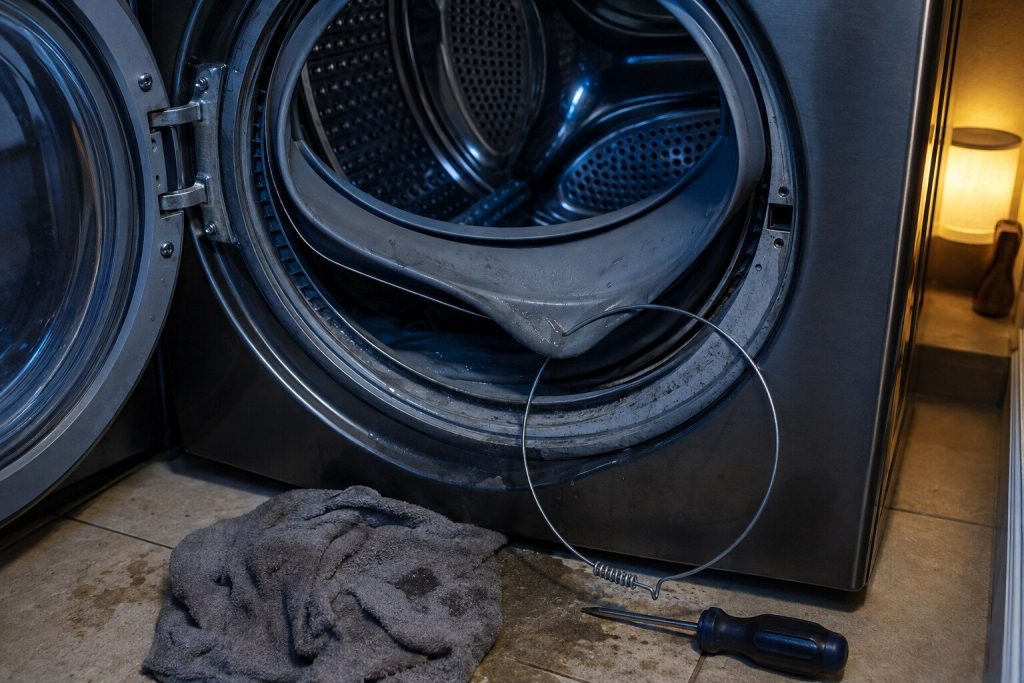 The spring clamp of a washer door boot sprung off with a screwdriver and the rubber lip rolled back from the front flange, a wet cloth on the floor.