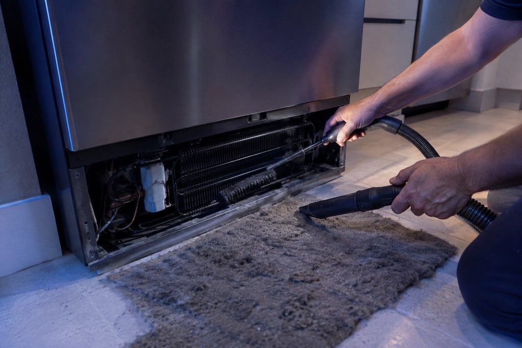 A long bristle brush and the nozzle of a vacuum hose pushed in among the black condenser coils behind the removed toe kick of a refrigerator, a gray mat of dust drawn out onto the floor.