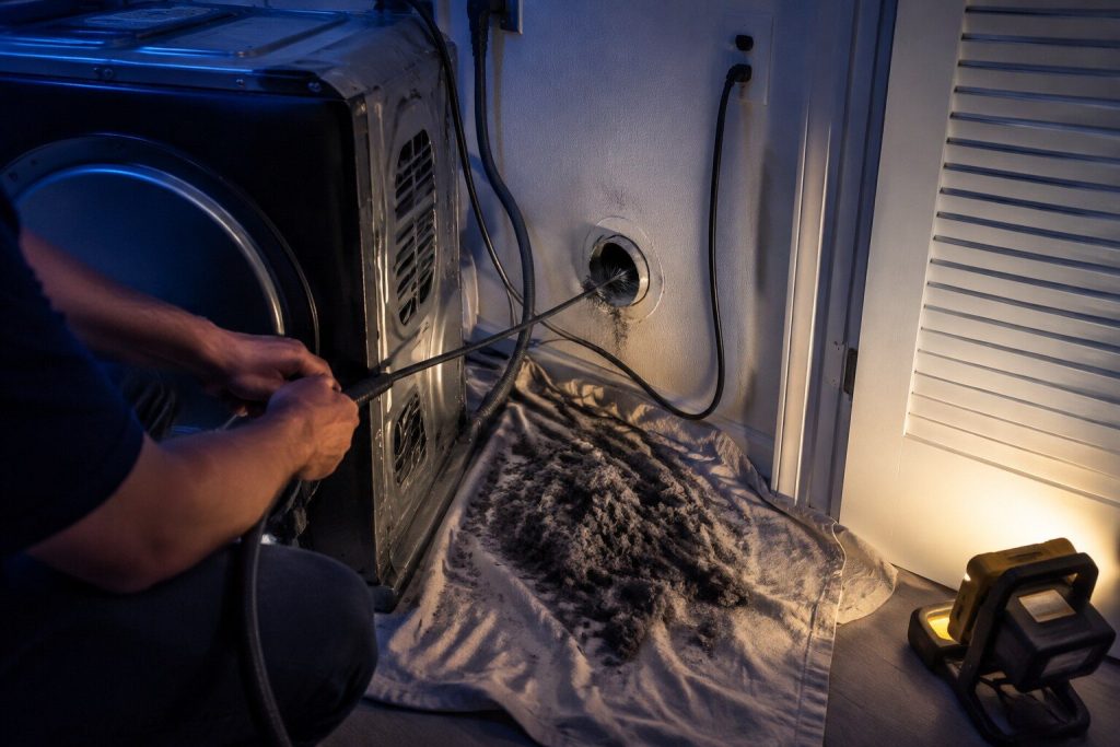 A long flexible rod brush fed into the round duct in the wall behind a pulled out dryer, a heaped mat of gray lint lying on the dust sheet beneath.