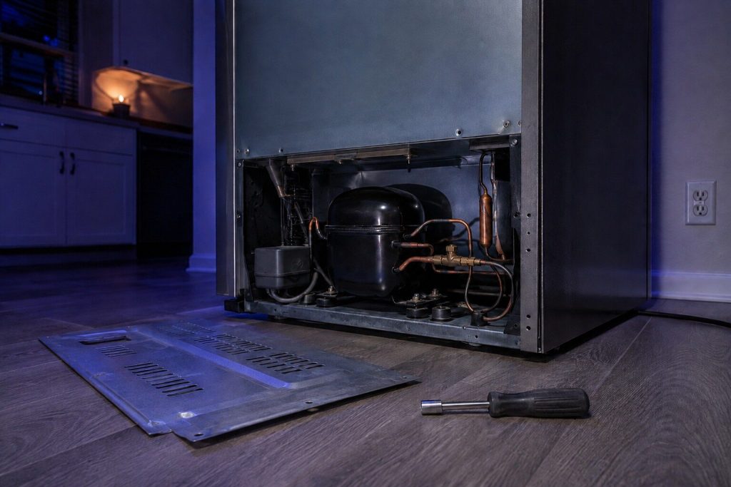 The lower back of a refrigerator pulled away from the wall with its sheet metal cover off, the black compressor dome and its copper tubing exposed, a nut driver lying on the floor beside it.