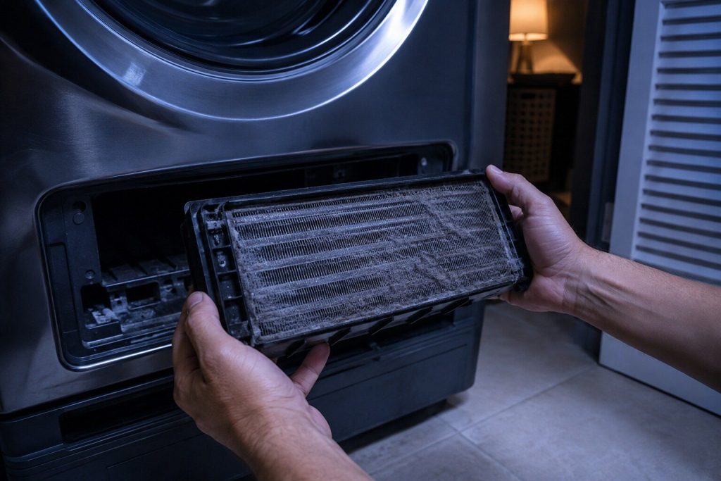 A finned condenser block drawn out of the base opening of a heat pump dryer on two hands, its fins gray with lint, the empty slot and its seal below.