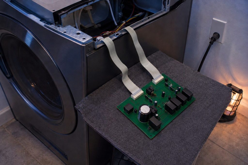 A green control board lifted out of an appliance and laid on a gray antistatic mat, two ribbon connectors still trailing back into the opening, relays and a large capacitor across it.