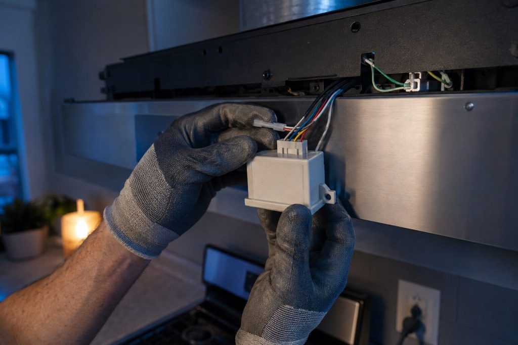 A small control module held in gloved fingers against the wiring block at the top of a hood canopy, its short harness half connected, the chimney sleeve pushed up out of the way.