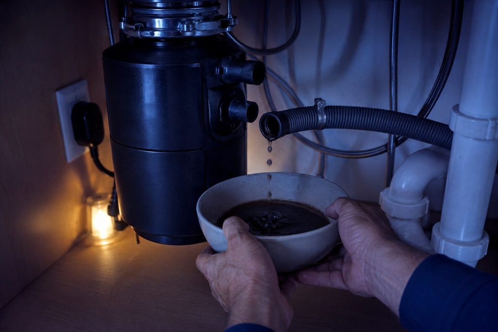 A corrugated drain hose disconnected from the disposal spigot under a kitchen sink with a bowl held beneath it catching dark water, the clamp pushed back along the hose.