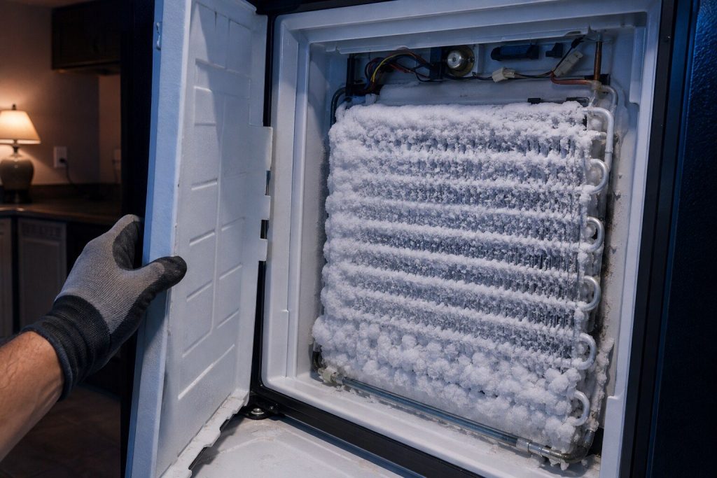 The inner rear panel of a freezer removed to show the aluminum evaporator coil packed solid with frost and the glass heater rod running along its foot, a gloved hand steadying the panel.