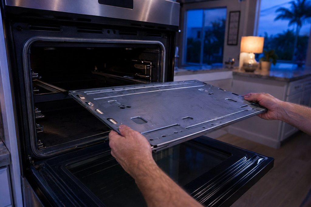 The removable steel divider panel of a two part oven cavity lifted out on both hands, the rails it slides on visible in the empty cavity behind, the door standing open.