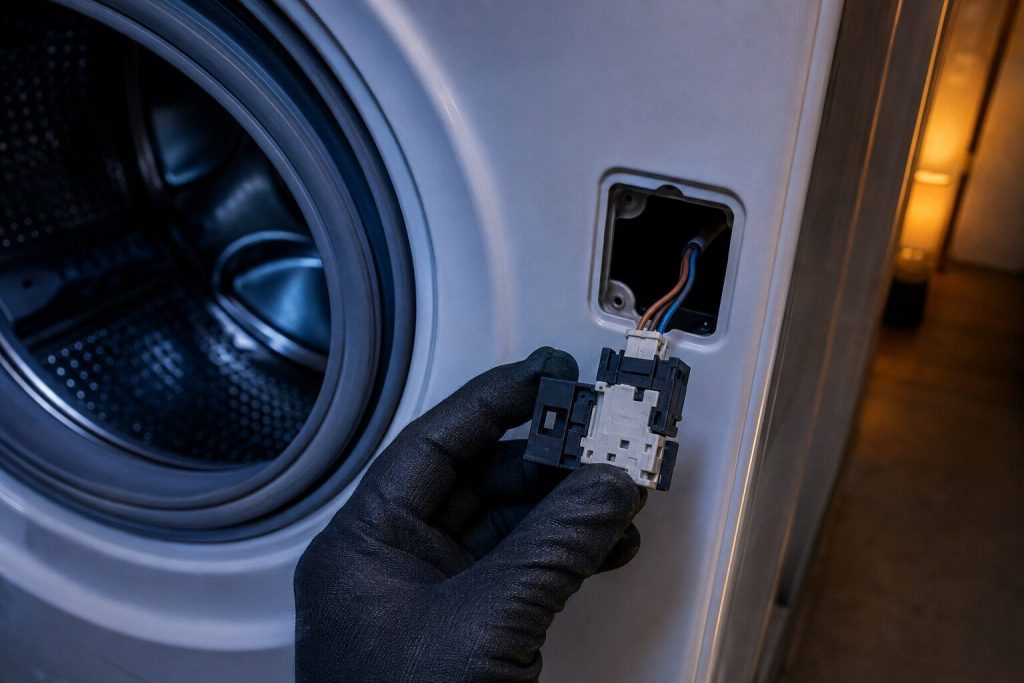 The door interlock switch of a front load washer pulled out of its recess in the front panel and held in gloved fingers with its harness still plugged in, the empty opening behind.