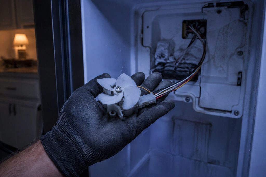 A small evaporator fan motor with its plastic blade still fitted lifted out on a gloved palm, its wiring harness trailing back into the open freezer wall behind.