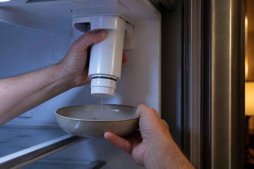 Two hands twisting a cylindrical water filter cartridge out of its housing inside a refrigerator, a shallow dish held underneath to catch the run off.