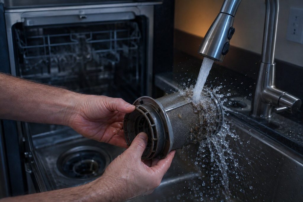 A dishwasher filter cylinder twisted out of the tub floor and held under a running kitchen tap, the mesh visibly loaded, water breaking white over it.