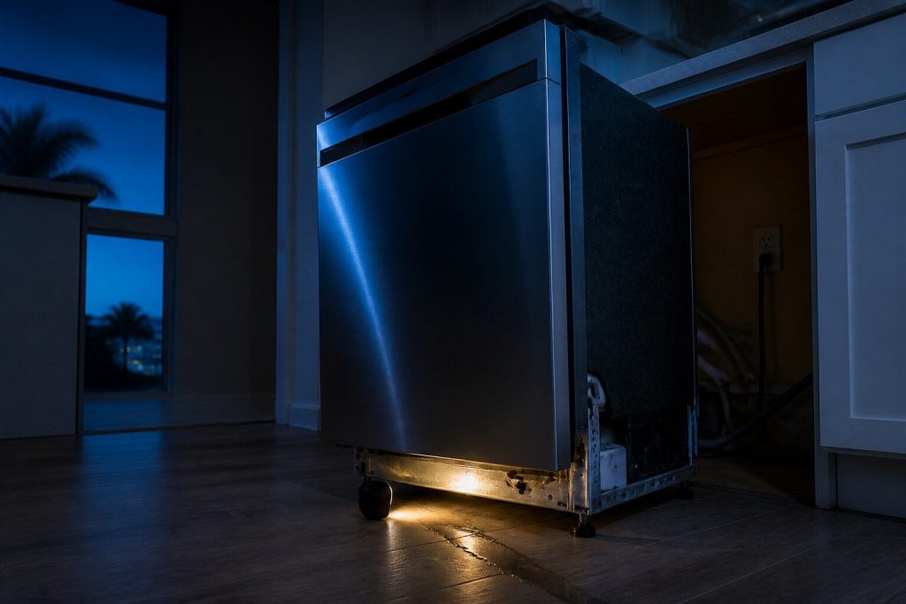 A dishwasher pulled out of its cabinet opening onto the kitchen floor with a work light lying on its side underneath, showing a wet trail along the base frame.