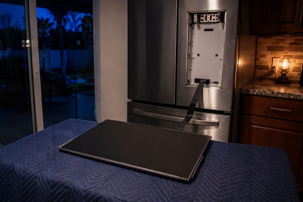 A large flat glass screen panel lifted away from the front of a refrigerator door and laid face up on a padded blanket, its wide ribbon cable still running back to the opening.