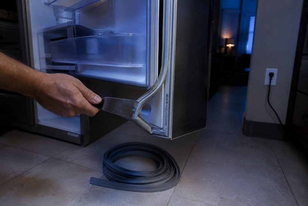 A magnetic door gasket peeled back out of the channel around a refrigerator door with a putty knife, the empty channel visible and a new coiled gasket lying on the floor below.