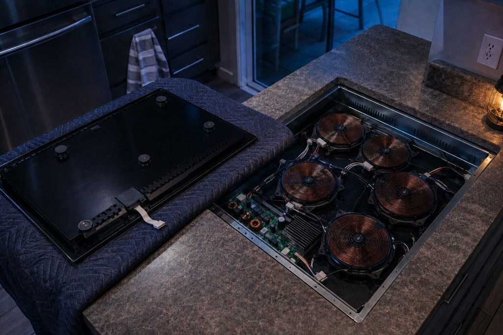 A black glass cooking top lifted off and turned face down on a blanket beside the counter opening, the round wound induction coils and their board still sitting in the chassis below.