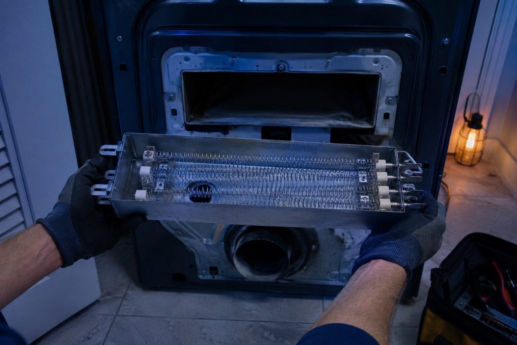 The coiled heating element in its open metal can lifted out of the back of a dryer cabinet and held level in gloved hands, the empty duct opening behind it.