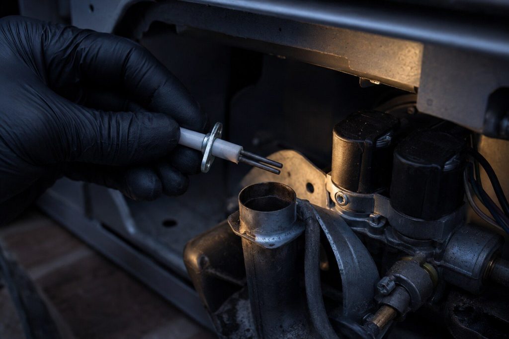 A small forked ceramic igniter held in gloved fingers just above the open burner tube of a gas dryer with its lower panel off, the gas valve coils beside it.