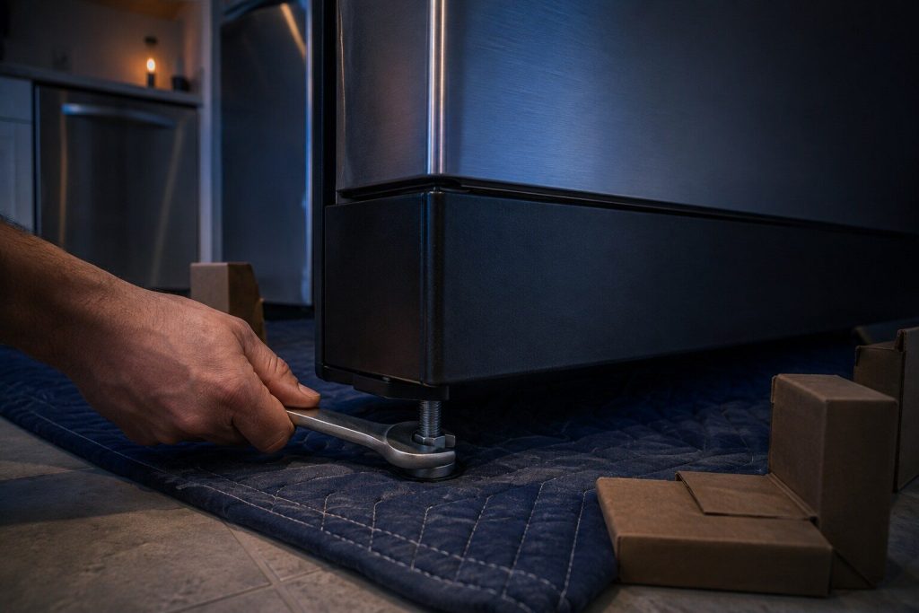 A wrench turning the threaded leveling foot of a newly placed range standing on a moving blanket in a kitchen opening, the toe kick above it and cardboard corner guards on the floor.