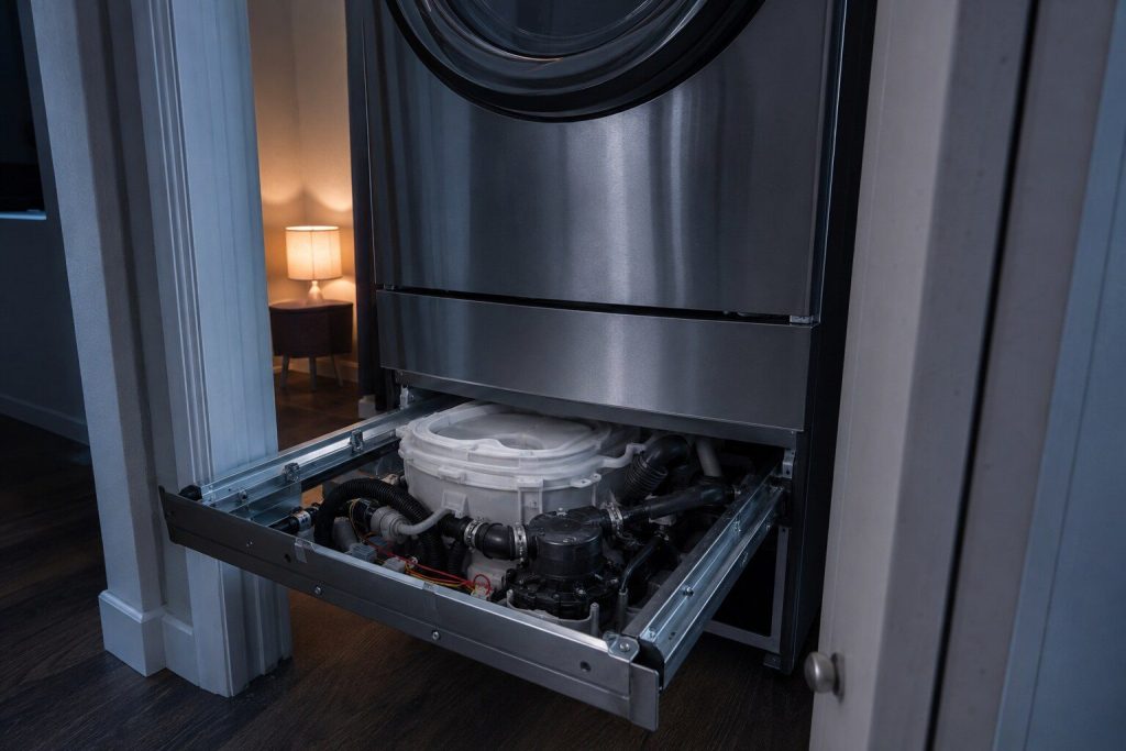 The small lower drawer washer of a stacked combination machine drawn out on its rails with its front cover off, the pump and hoses inside it visible, the tall machine above it closed.