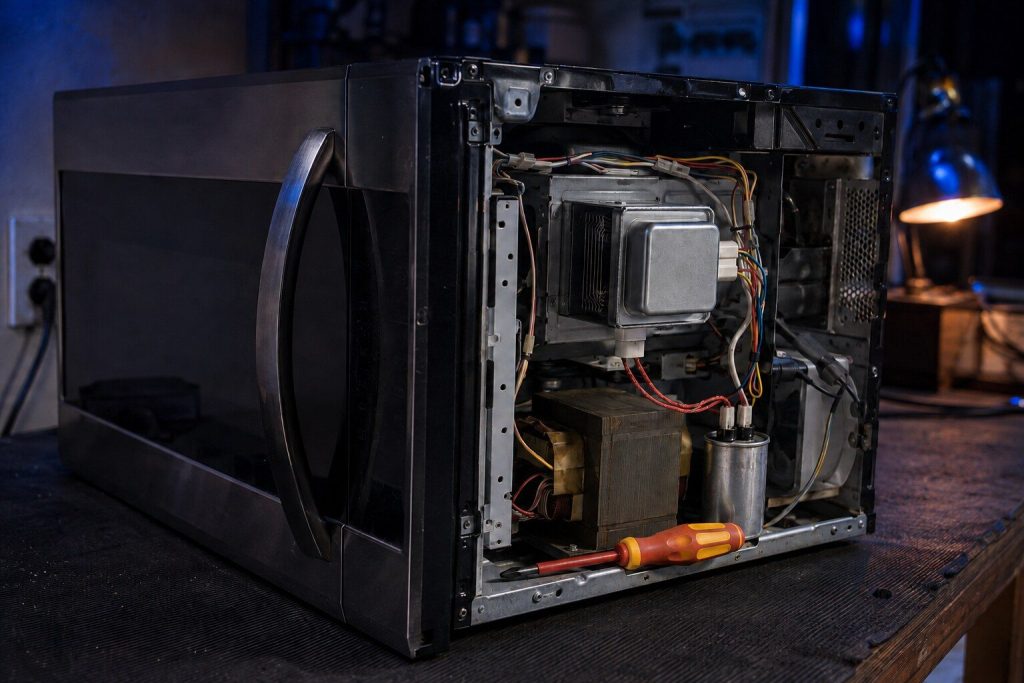 The side cover of an over the range microwave removed on a bench to show the magnetron block, the capacitor and the transformer inside, an insulated screwdriver laid across the frame.