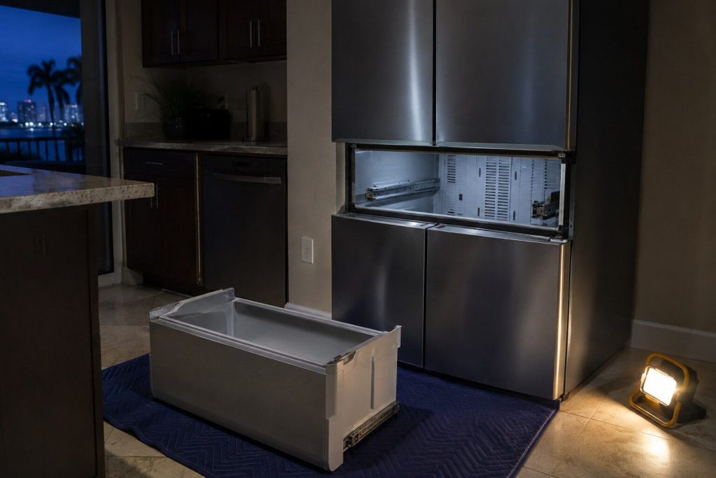 The middle drawer of a four door refrigerator drawn fully out and set on a blanket on the floor, the empty bay above showing its rails and the duct at the back.
