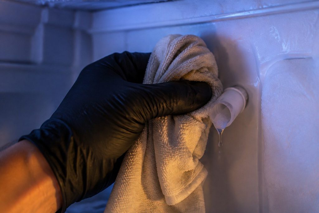 A gloved hand holding a warm cloth around the small white fill tube at the back of a freezer wall, a plug of ice half melted at its mouth and a drop about to fall.