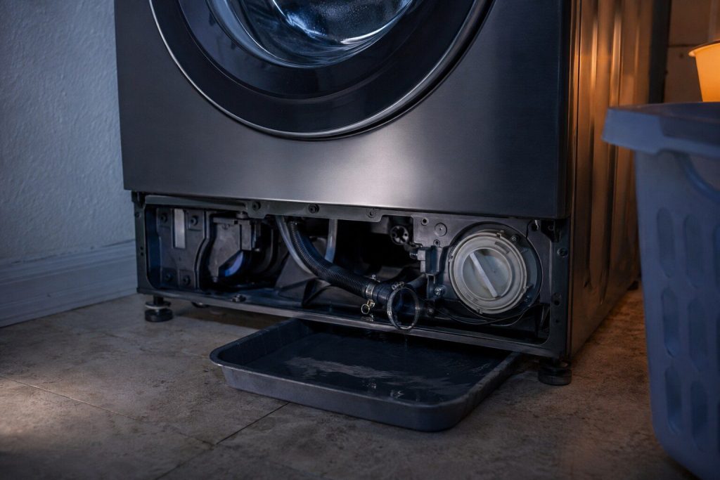 The toe panel of a front load washer removed to show the drain pump housing and its filter cap at the bottom right, a shallow tray of water pushed underneath and a hose clamp released.