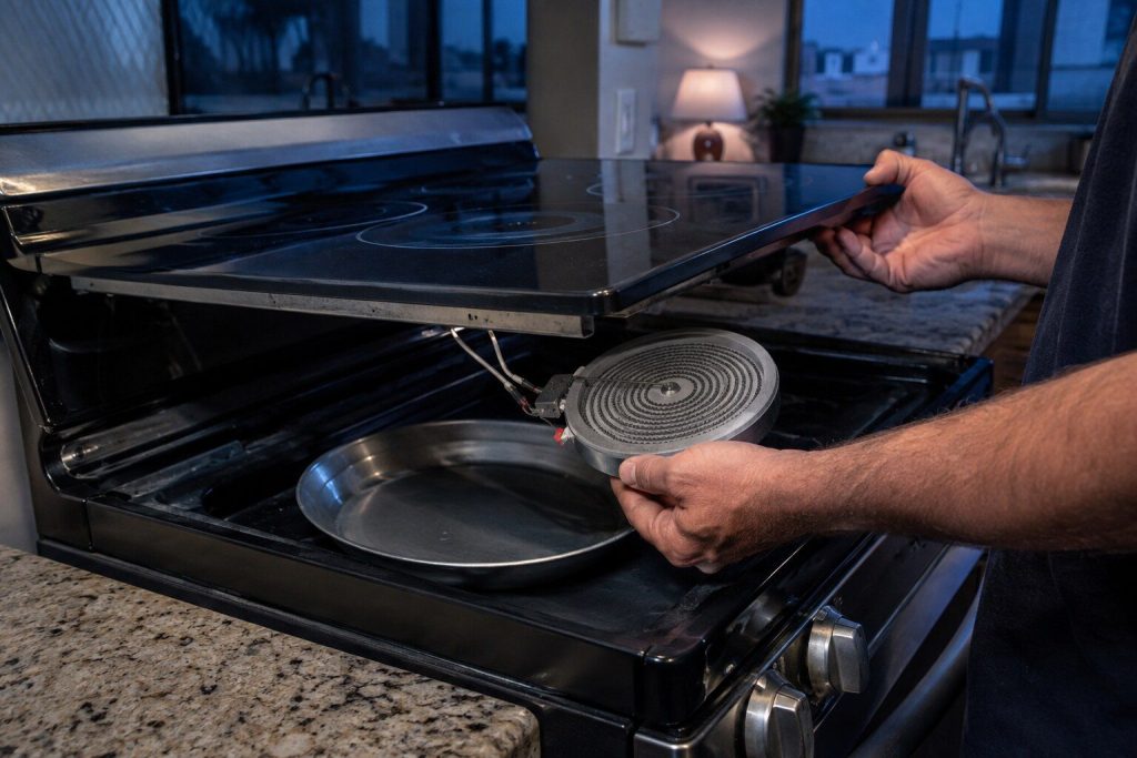 A flat radiant coil element unhooked from its bracket and lifted a few inches beneath a raised ceramic cooking top, its two leads stretched, the reflector pan empty under it.