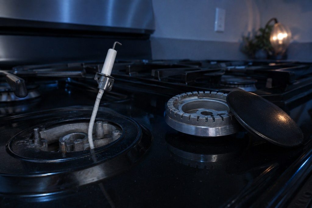 A spark electrode unclipped from beside a surface burner and lifted an inch clear on its lead, the burner cap and ring lying to one side on the cooktop glass.