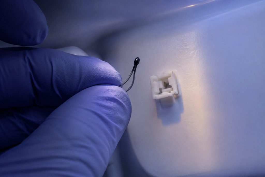 A small bead thermistor on the end of a thin two wire harness held in gloved fingers next to the empty clip it came out of on a white compartment wall.