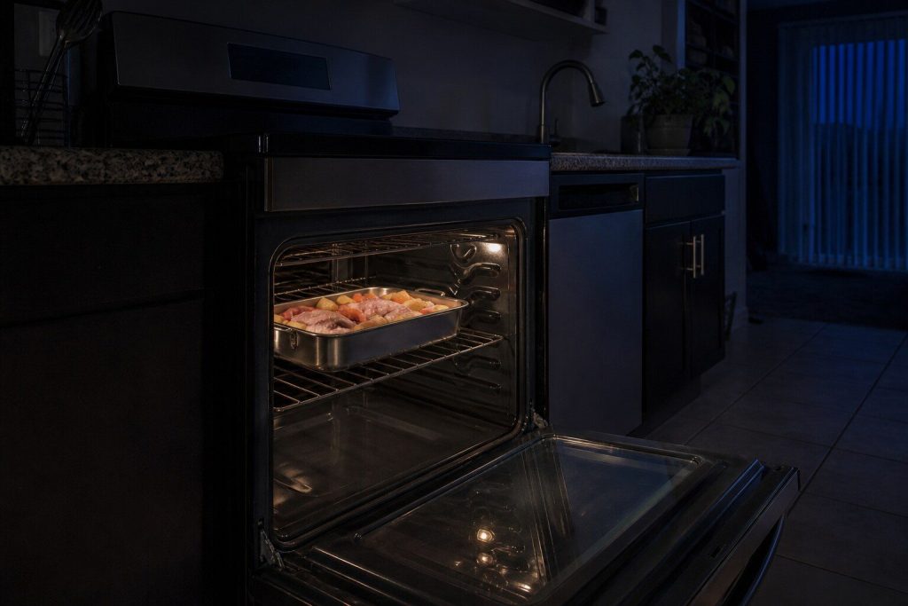 An oven door standing open on a completely cold cavity with a roasting pan of raw food sitting on the middle rack, the interior lamp the only light.
