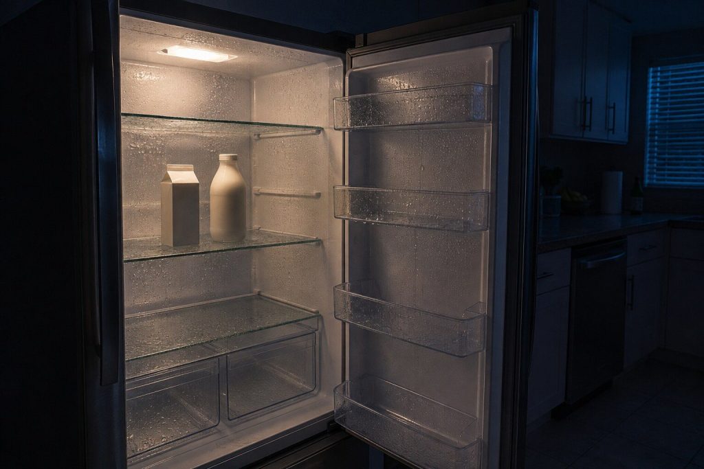 The inside of a fresh food compartment at night with its own lamp on, every glass shelf and the back wall beaded with condensation, a carton and a bottle standing in it, the door held open into a dark kitchen.