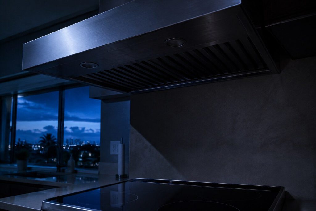 The underside of a wall hood seen from below, both of its lamps dark and the baffle filters in shadow, the cooktop beneath it lit only by the kitchen window.
