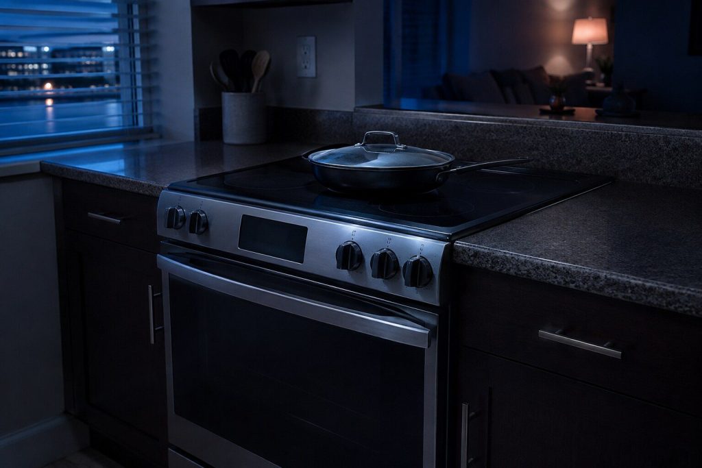 A slide in range in a dark kitchen with a covered pan standing on the cooktop and nothing glowing, nothing lit, no light on the surface at all.