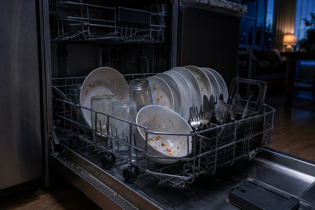 The lower rack of a dishwasher pulled out at the end of a cycle, plates and glasses still carrying dried food and a chalky film, everything dry.
