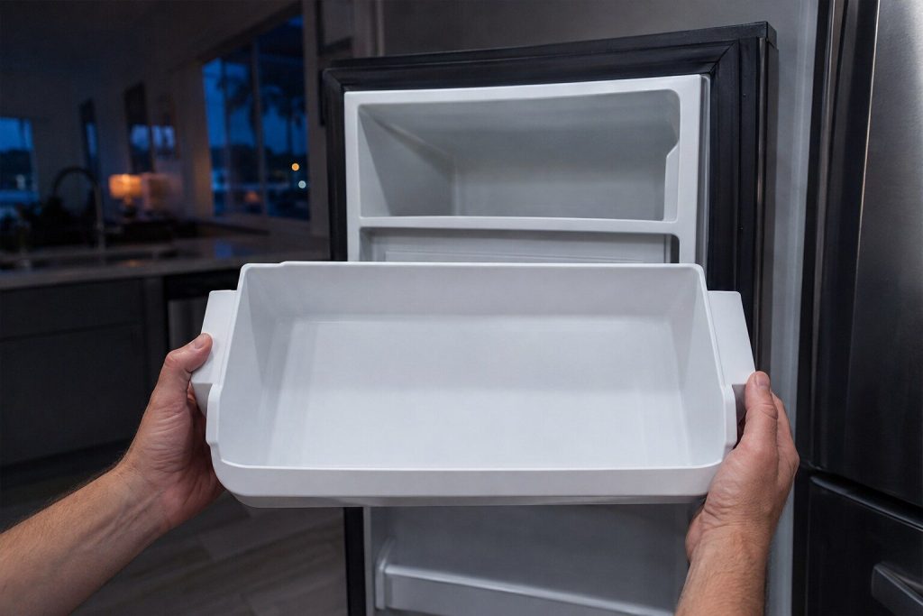 A refrigerator ice bucket pulled out of the freezer door and held level, completely empty and dry inside, the dark kitchen behind it.