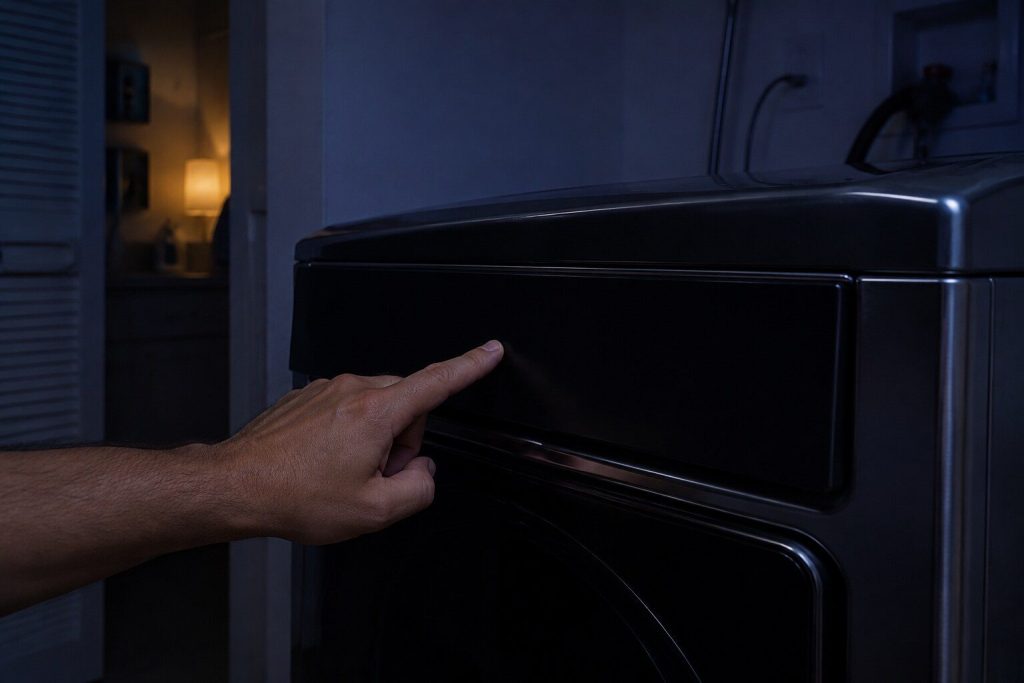 A finger pressed against the dark fascia of a dryer with nothing lit under it anywhere, the laundry closet behind in deep blue shadow.