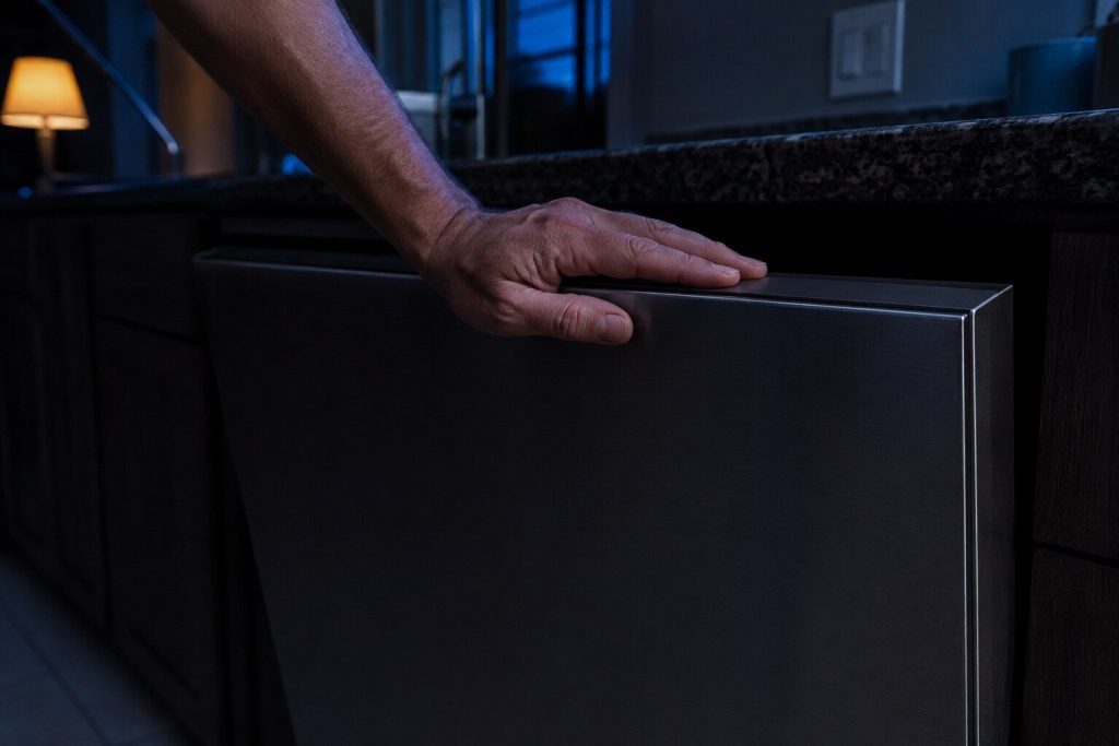 A hand resting on the top edge of a closed dishwasher door in a dark kitchen, nothing lit anywhere on the front of the machine.