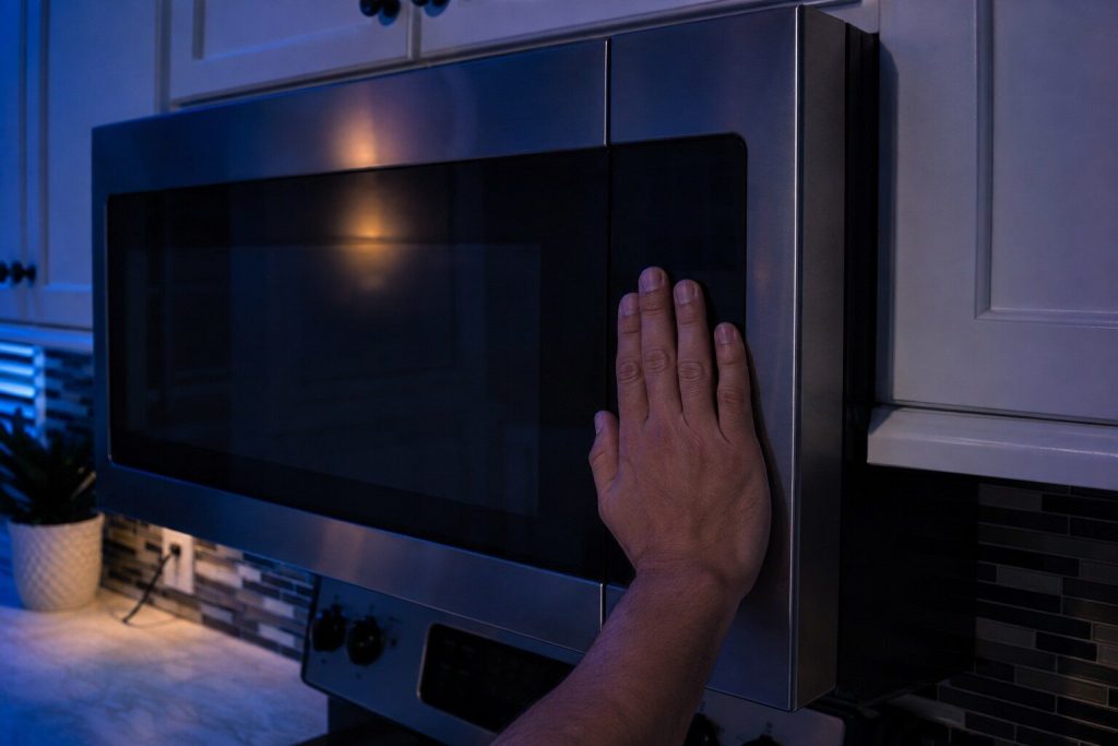 A hand pressed flat against the dark touch panel of an over the range microwave with the door closed and nothing lit behind the glass.
