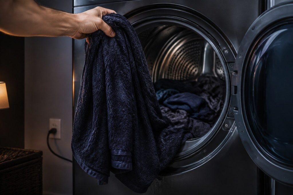 A hand lifting one heavy dark towel out of a dryer drum, the fabric hanging with its own weight and clearly still wet, more laundry behind it.