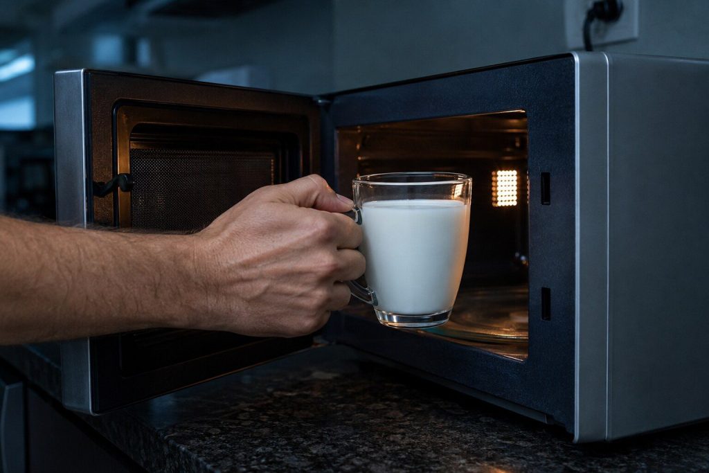 A hand lifting a plain glass mug of milk out of a microwave cavity with no steam and no haze coming off it, the cavity lamp on behind.