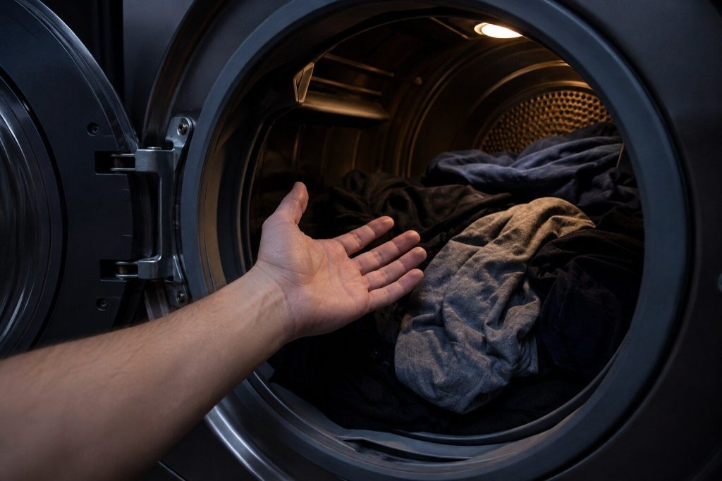 An open palm held into the mouth of a dryer drum full of clothes, nothing rising off them, no steam, no haze.