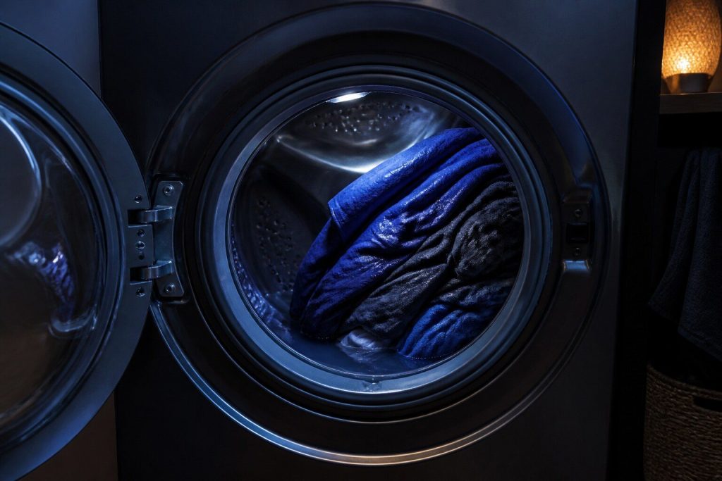 A washer drum standing open on a heavy load of soaking laundry twisted to one side and pressed against the wall of the drum, water lying in the folds.