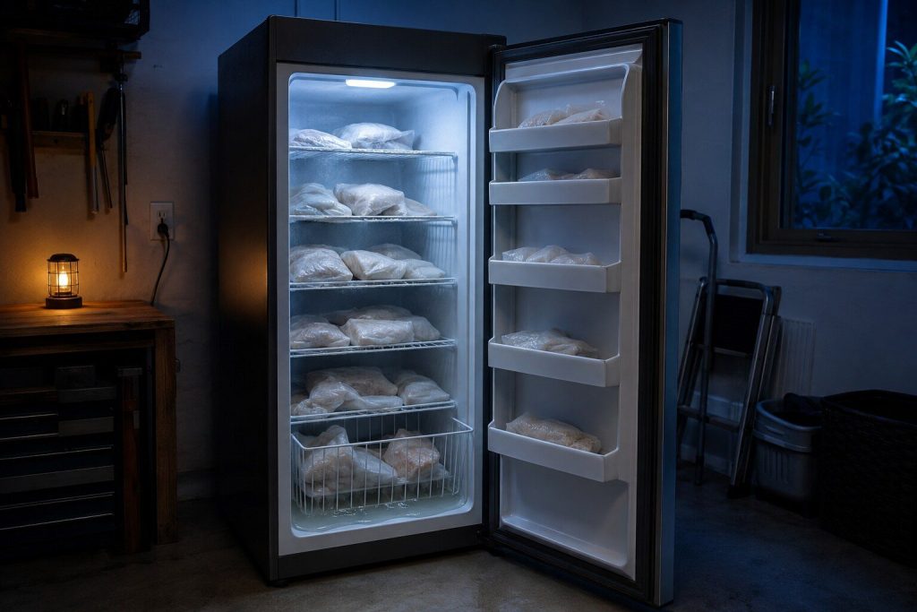 An upright freezer standing open in a dark utility room, its packages slumped and soft on the wire shelves and a shallow pool of melt water lying in the bottom basket.