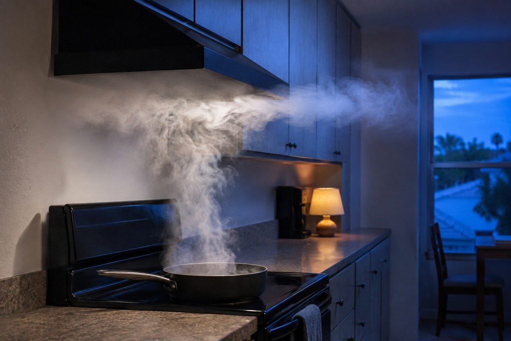 Steam from an uncovered pan rolling out sideways beneath the canopy of a wall hood and drifting along the cabinets instead of rising into it.