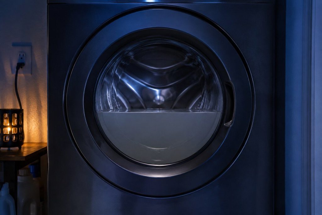 The round glass door of a front load washer half filled with still gray water that has stopped moving, seen straight on in a dim laundry closet.