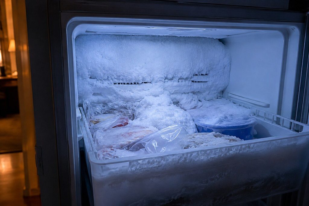 The back wall of a freezer compartment carrying a thick white blanket of frost that has grown over the vents and out onto the food beside it, the drawer pulled forward.